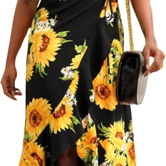 Women’s Sunflower Print V Neck Wrap Maxi Dress Ruffle Hem Casual Elegant - Picture 1 of 6